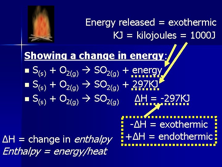 Energy released = exothermic KJ = kilojoules = 1000 J Showing a change in