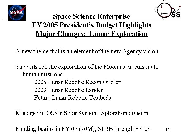 Space Science Enterprise FY 2005 President’s Budget Highlights Major Changes: Lunar Exploration A new