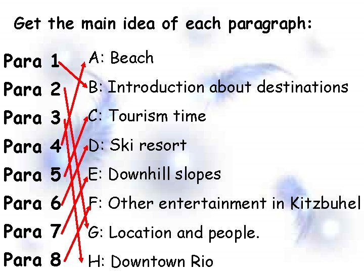 Get the main idea of each paragraph: Para 1 A: Beach Para 2 B: