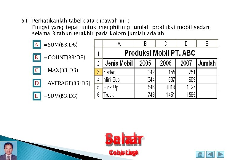 51. Perhatikanlah tabel data dibawah ini : Fungsi yang tepat untuk menghitung jumlah produksi