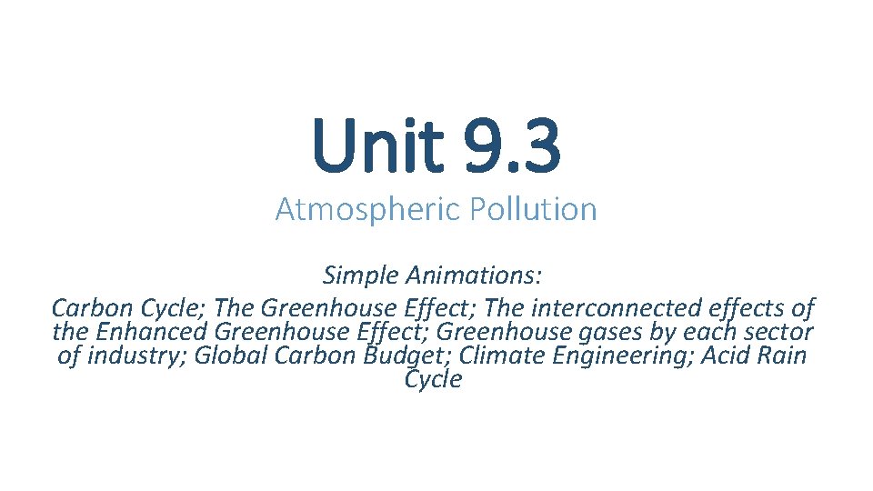 Unit 9. 3 Atmospheric Pollution Simple Animations: Carbon Cycle; The Greenhouse Effect; The interconnected