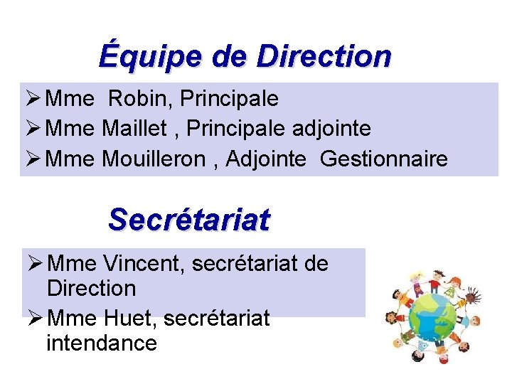 Équipe de Direction Mme Robin, Principale Mme Maillet , Principale adjointe Mme Mouilleron ,