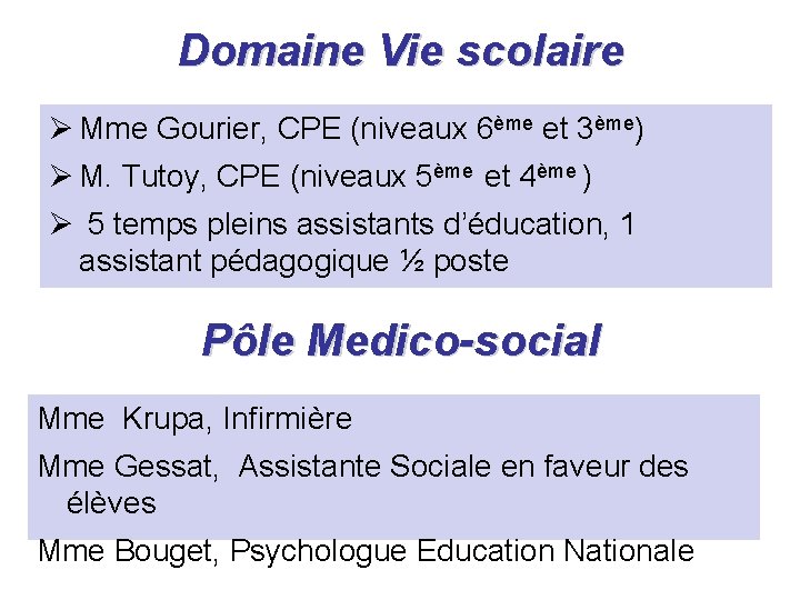 Domaine Vie scolaire Mme Gourier, CPE (niveaux 6ème et 3ème) M. Tutoy, CPE (niveaux