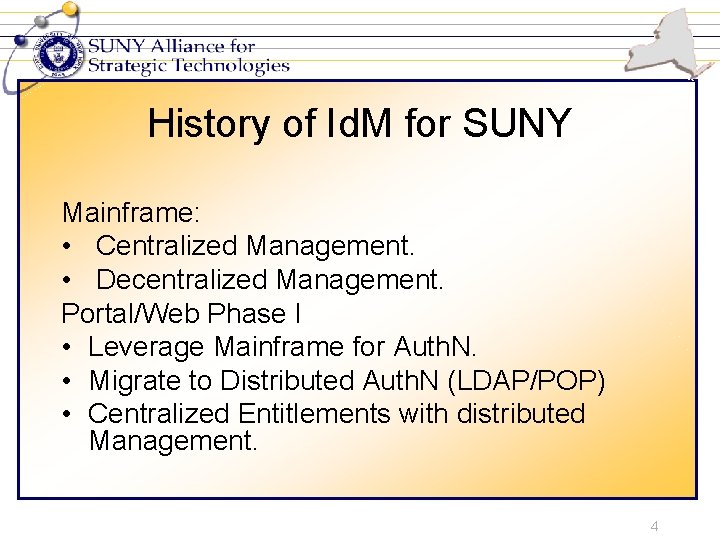 History of Id. M for SUNY Mainframe: • Centralized Management. • Decentralized Management. Portal/Web