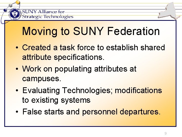 Moving to SUNY Federation • Created a task force to establish shared attribute specifications.