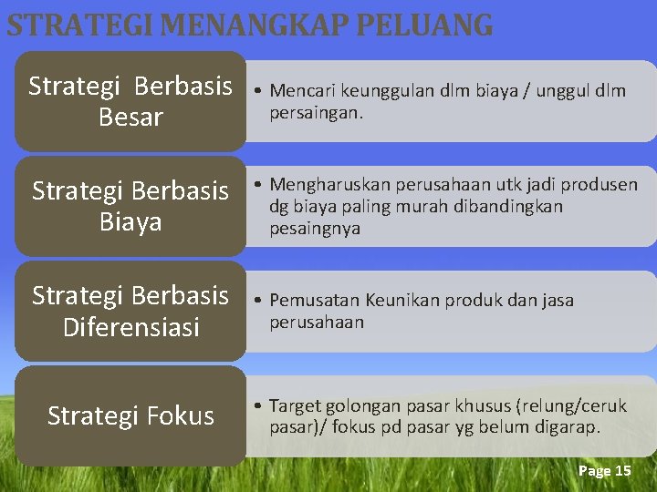 STRATEGI MENANGKAP PELUANG Strategi Berbasis Besar • Mencari keunggulan dlm biaya / unggul dlm