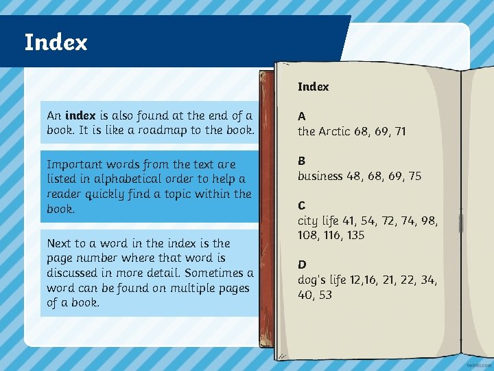 Index An index is also found at the end of a book. It is