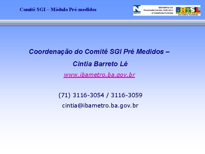 Comitê SGI – Módulo Pré-medidos Coordenação do Comitê SGI Pré Medidos – Cintia Barreto