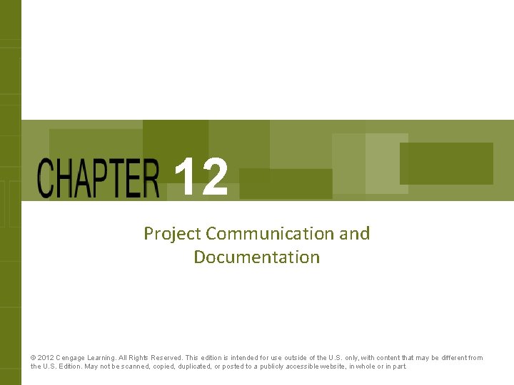 12 Project Communication and Documentation © 2012 Cengage Learning. All Rights Reserved. This edition