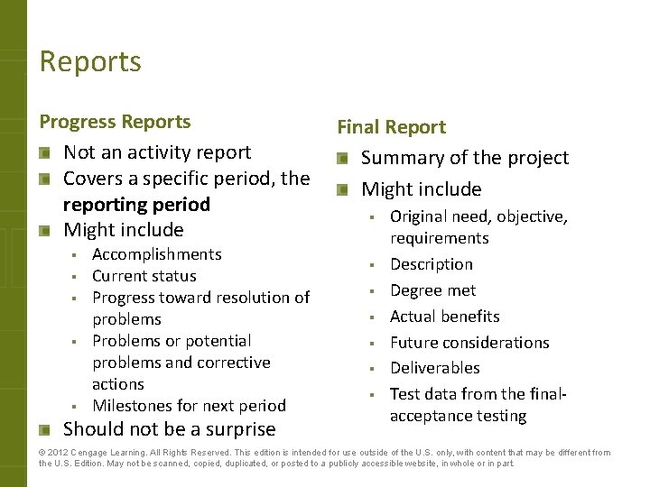 Reports Progress Reports Not an activity report Covers a specific period, the reporting period