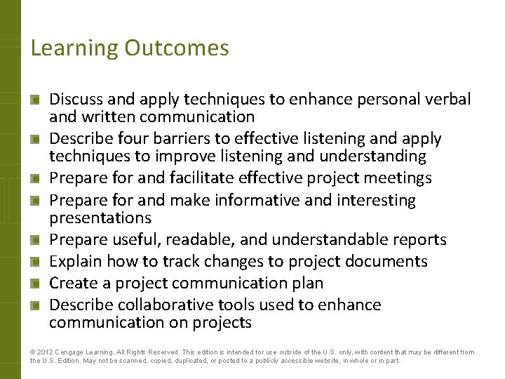 Learning Outcomes Discuss and apply techniques to enhance personal verbal and written communication Describe