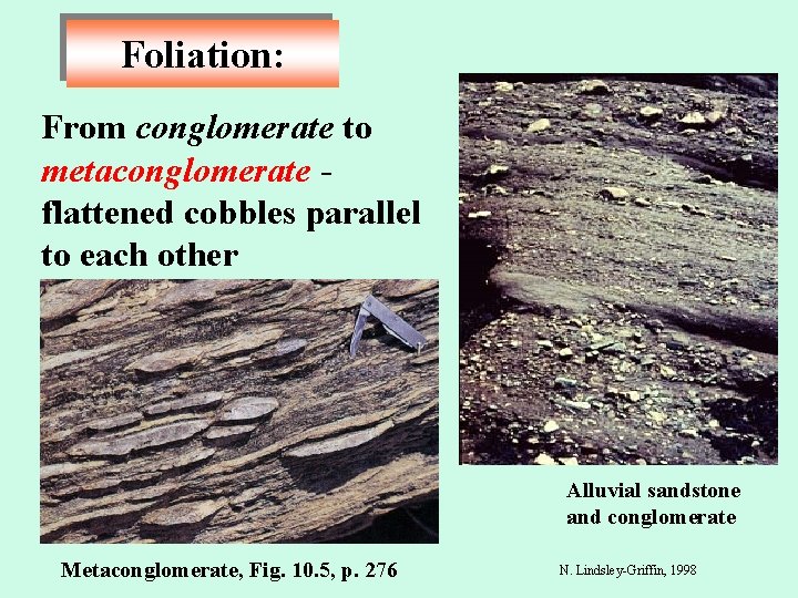 Foliation: From conglomerate to metaconglomerate flattened cobbles parallel to each other Alluvial sandstone and
