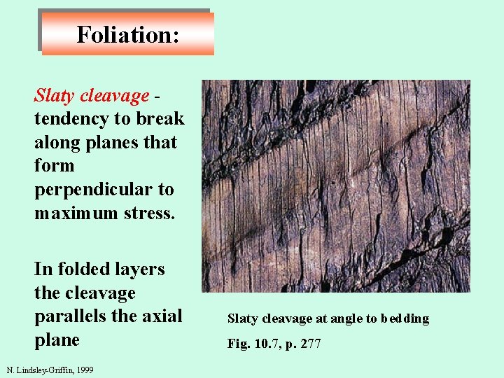 Foliation: Slaty cleavage tendency to break along planes that form perpendicular to maximum stress.