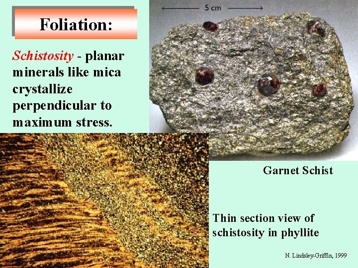 Foliation: Schistosity - planar minerals like mica crystallize perpendicular to maximum stress. Garnet Schist