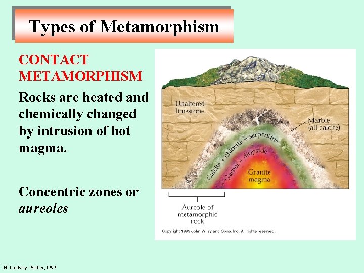 Types of Metamorphism CONTACT METAMORPHISM Rocks are heated and chemically changed by intrusion of