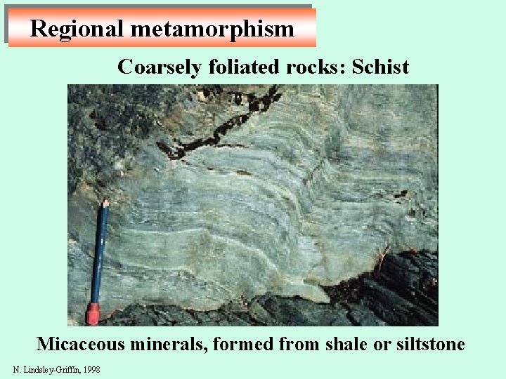 Regional metamorphism Coarsely foliated rocks: Schist Micaceous minerals, formed from shale or siltstone N.