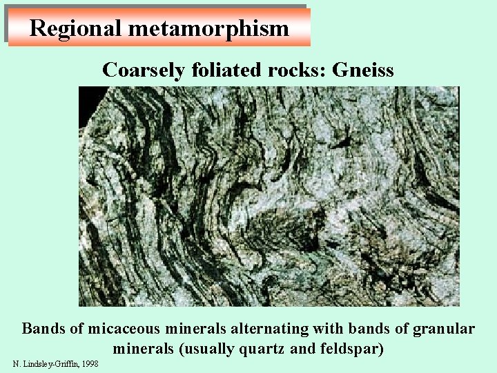 Regional metamorphism Coarsely foliated rocks: Gneiss Bands of micaceous minerals alternating with bands of
