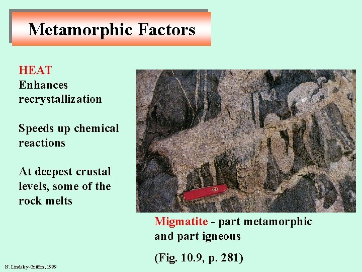Metamorphic Factors HEAT Enhances recrystallization Speeds up chemical reactions At deepest crustal levels, some