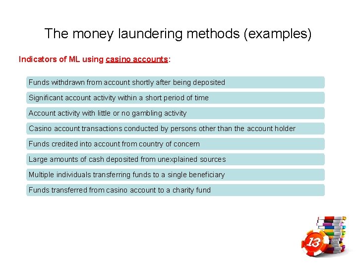 The money laundering methods (examples) Indicators of ML using casino accounts: Funds withdrawn from