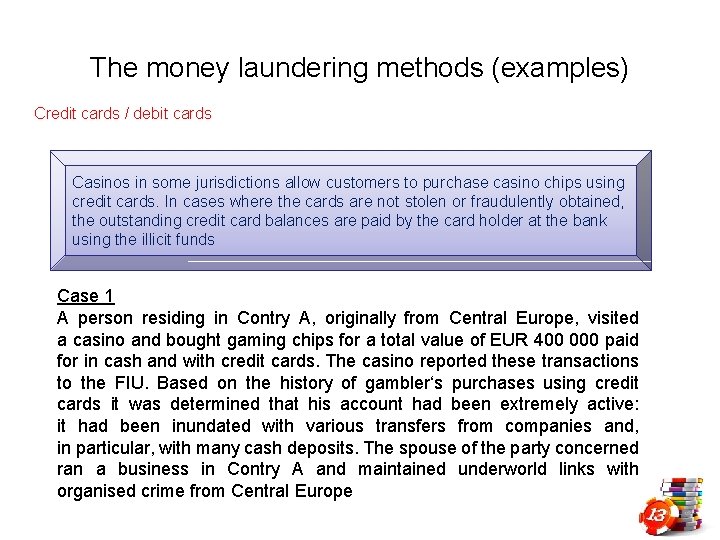 The money laundering methods (examples) Credit cards / debit cards Casinos in some jurisdictions