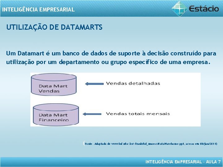 INTELIGÊNCIA EMPRESARIAL UTILIZAÇÃO DE DATAMARTS Um Datamart é um banco de dados de suporte