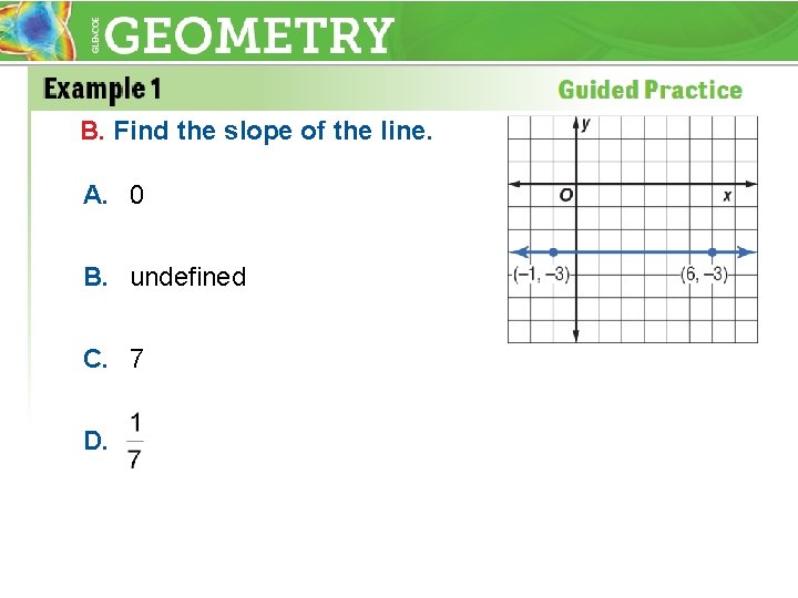 B. Find the slope of the line. A. 0 B. undefined C. 7 D.