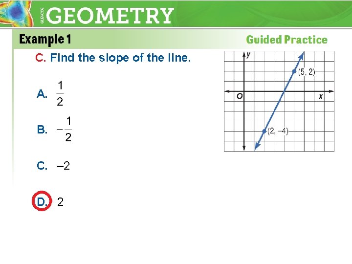 C. Find the slope of the line. A. B. C. – 2 D. 2