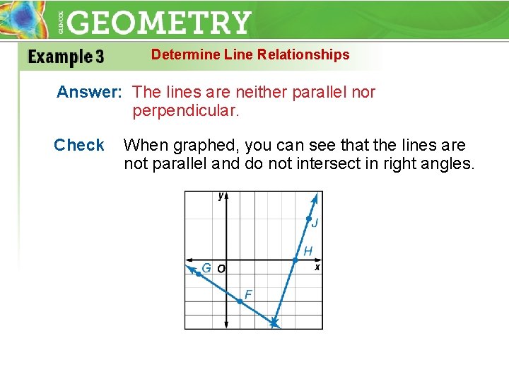 Determine Line Relationships Answer: The lines are neither parallel nor perpendicular. Check When graphed,