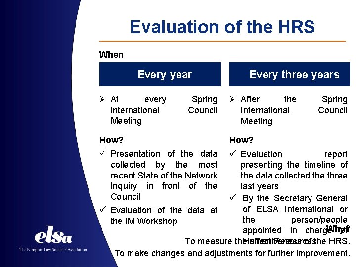 Evaluation of the HRS When ? Every year Ø At every International Meeting Spring