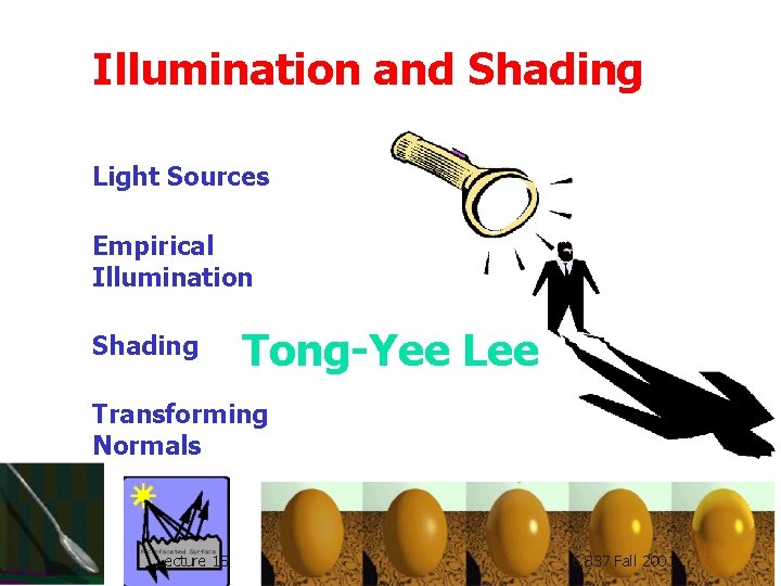 Illumination and Shading Light Sources Empirical Illumination Shading Tong-Yee Lee Transforming Normals Lecture 15