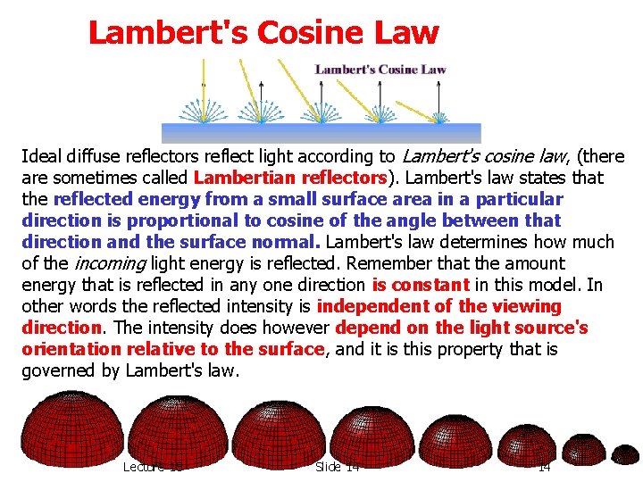 Lambert's Cosine Law Ideal diffuse reflectors reflect light according to Lambert's cosine law, (there