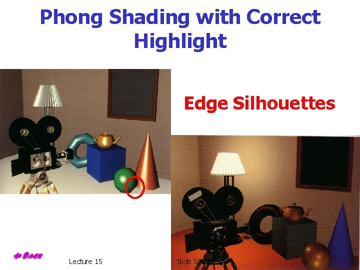 Phong Shading with Correct Highlight Edge Silhouettes Lecture 15 Slide 59 59 