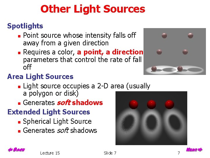 Other Light Sources Spotlights n Point source whose intensity falls off away from a