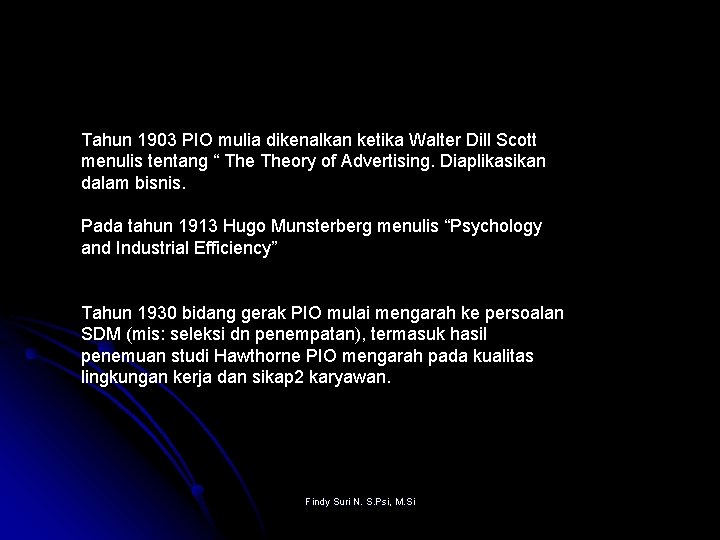 Tahun 1903 PIO mulia dikenalkan ketika Walter Dill Scott menulis tentang “ Theory of