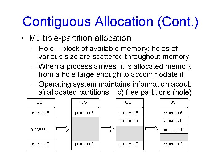 Contiguous Allocation (Cont. ) • Multiple-partition allocation – Hole – block of available memory;