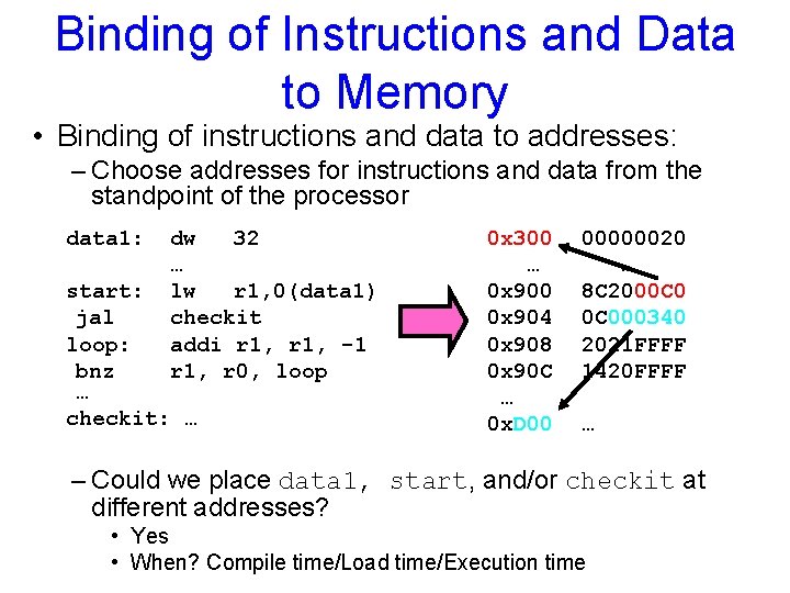 Binding of Instructions and Data to Memory • Binding of instructions and data to