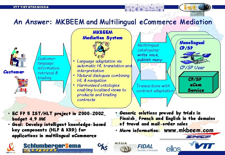 VTT TIETOTEKNIIKKA An Answer: MKBEEM and Multilingual e. Commerce Mediation MKBEEM Mediation System Customer