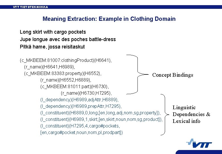 VTT TIETOTEKNIIKKA Meaning Extraction: Example in Clothing Domain Long skirt with cargo pockets Jupe