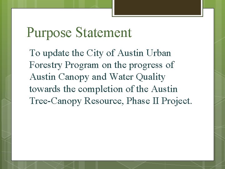Purpose Statement To update the City of Austin Urban Forestry Program on the progress