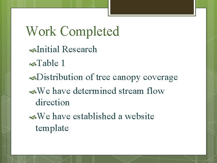 Work Completed Initial Research Table 1 Distribution of tree canopy coverage We have determined