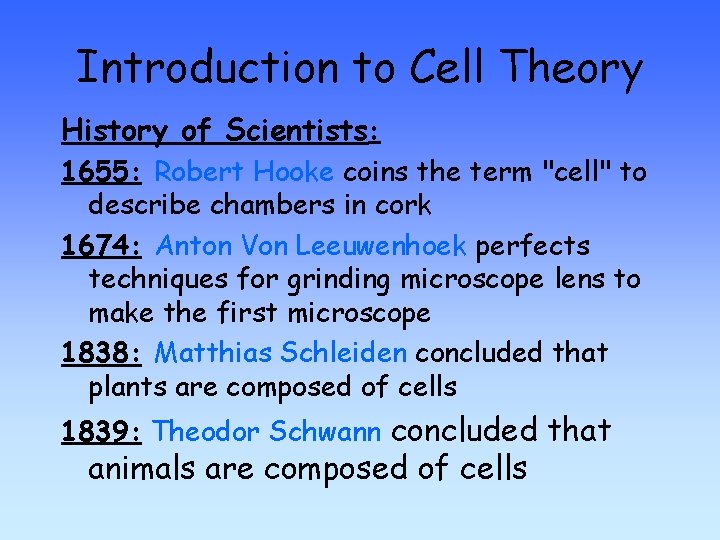 Introduction to Cell Theory History of Scientists: 1655: Robert Hooke coins the term "cell"