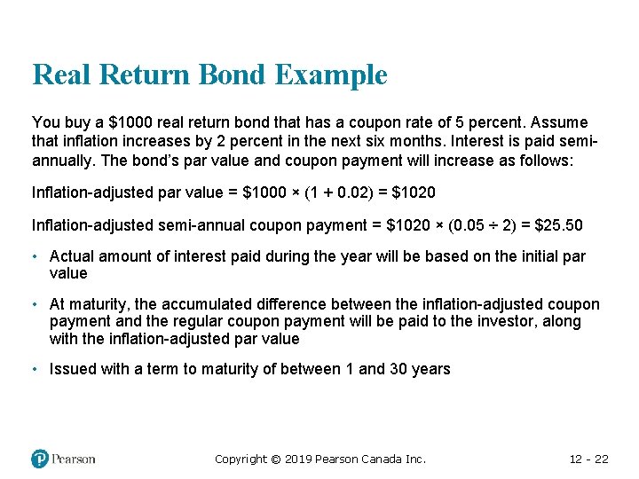 Real Return Bond Example You buy a $1000 real return bond that has a