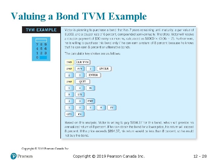 Valuing a Bond TVM Example Copyright © 2019 Pearson Canada Inc. 12 - 28