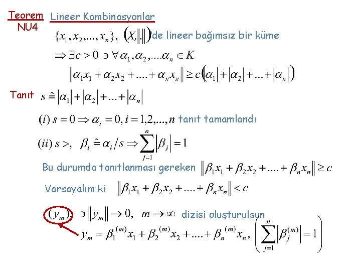 Teorem Lineer Kombinasyonlar NU 4 ‘de lineer bağımsız bir küme Tanıt tamamlandı Bu durumda