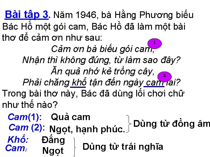 Bài tập 3. Năm 1946, bà Hằng Phương biếu Bác Hồ một gói cam,