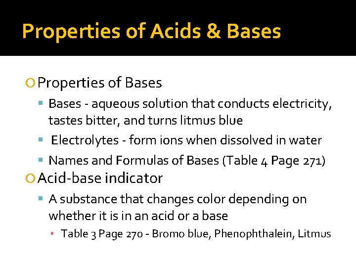 Properties of Acids & Bases Properties of Bases - aqueous solution that conducts electricity,