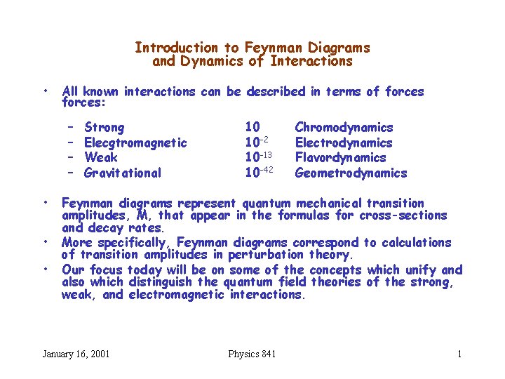 Introduction to Feynman Diagrams and Dynamics of Interactions • All known interactions can be