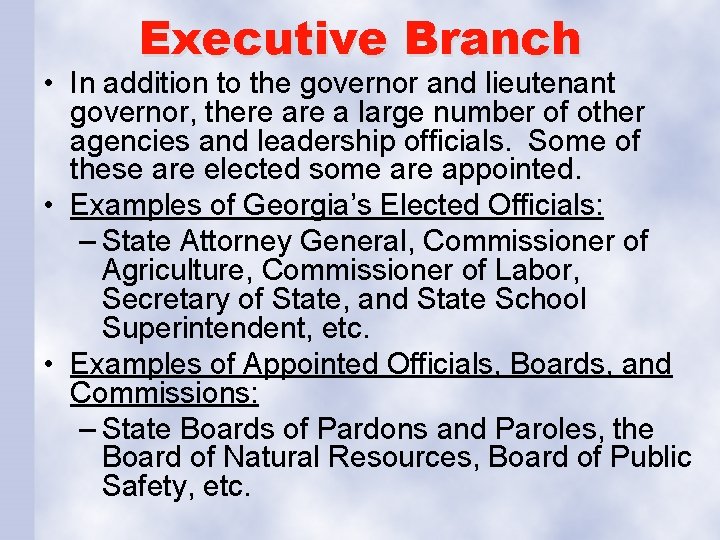 Executive Branch • In addition to the governor and lieutenant governor, there a large