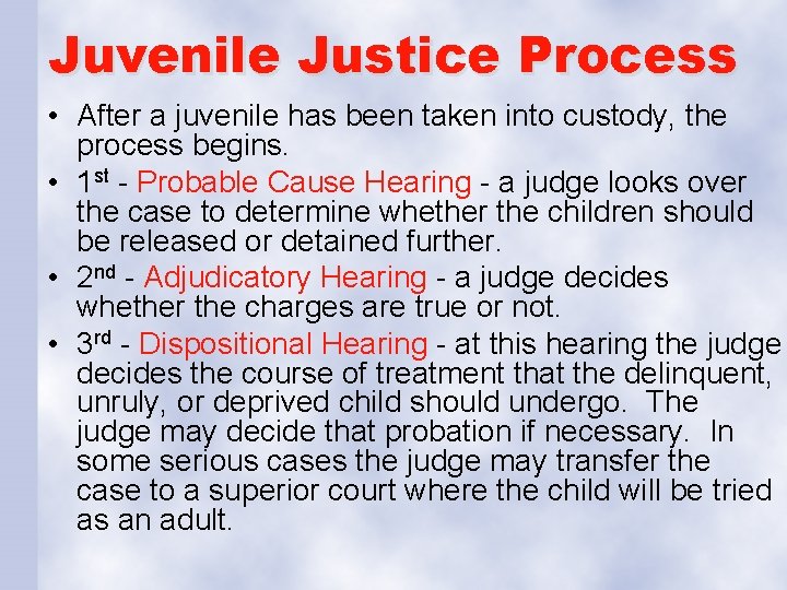 Juvenile Justice Process • After a juvenile has been taken into custody, the process