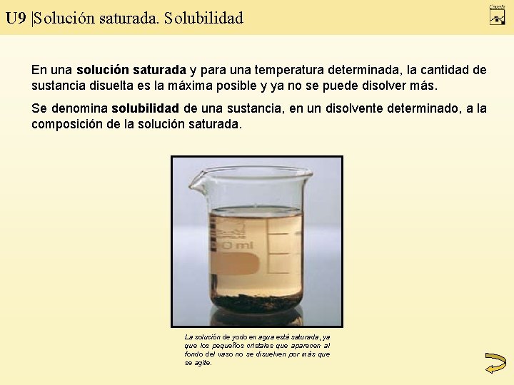 U 9 |Solución saturada. Solubilidad En una solución saturada y para una temperatura determinada,